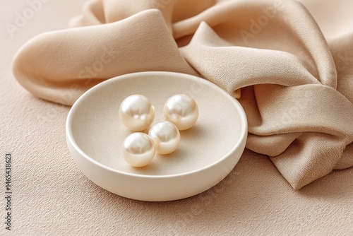 Obraz na płótnie Elegant Display of Pearl Earrings on White Ceramic Tray With Soft Fabric Backdrop in a Tranquil Setting w salonie