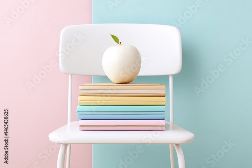 White Apple Rests on a Stack of Colorful Math Notebooks on a Chair Against a Pastel Backdrop