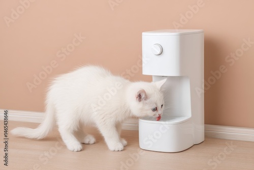 Obraz na płótnie White Kitten Enjoys Refreshing Drink From Modern Water Dispenser in Cozy Indoor Setting During Daylight Hours w salonie
