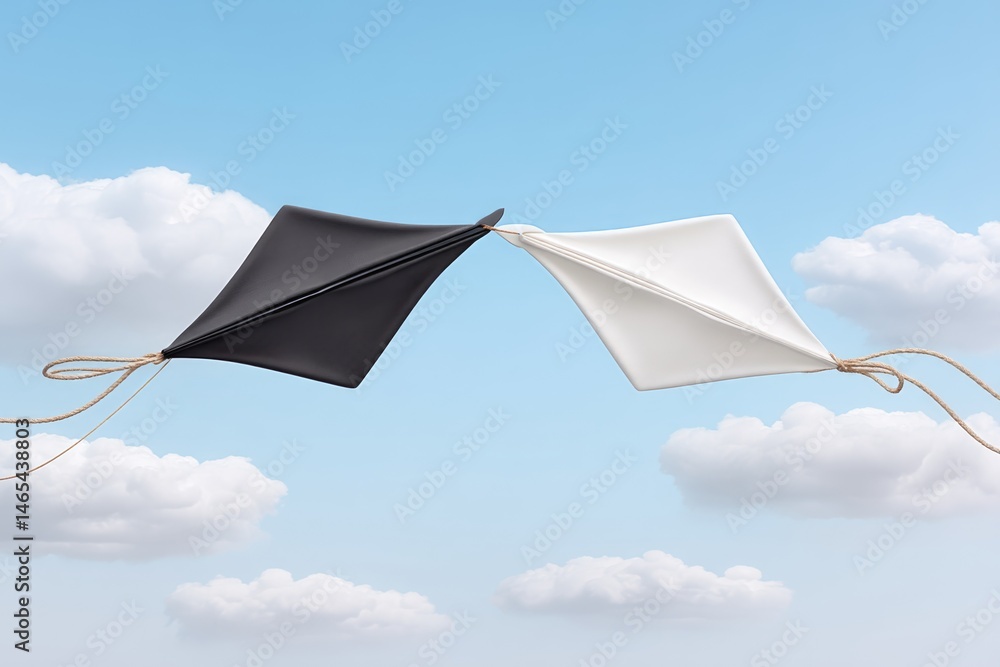 Flying Kites Form a Yin-Yang Symbol Against a Clear Sky During a Sunny Day