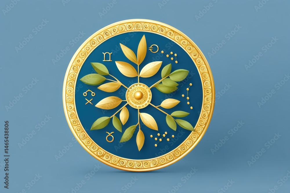 Ornate Zodiac Rose Wheel Illustration Featuring Intricate Leaf Designs and Symbolic Representations, Set Against a Smooth Blue Background for Artistic Display and Reflection of Astrology