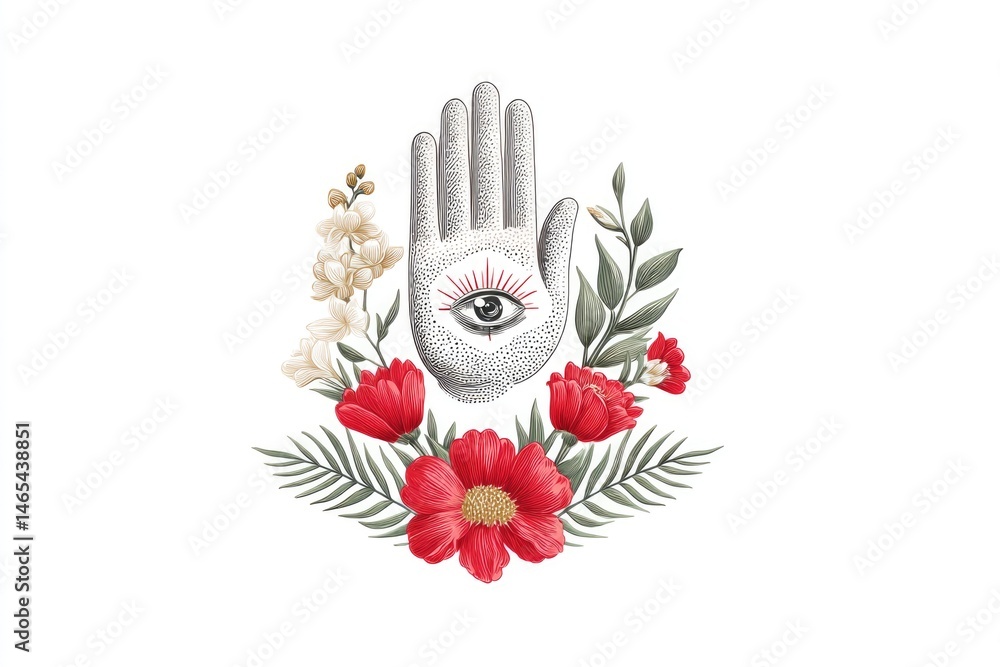 Floral Crown With a Third Eye Featuring a Detailed Hand Design Surrounded by Vibrant Flowers and Greenery