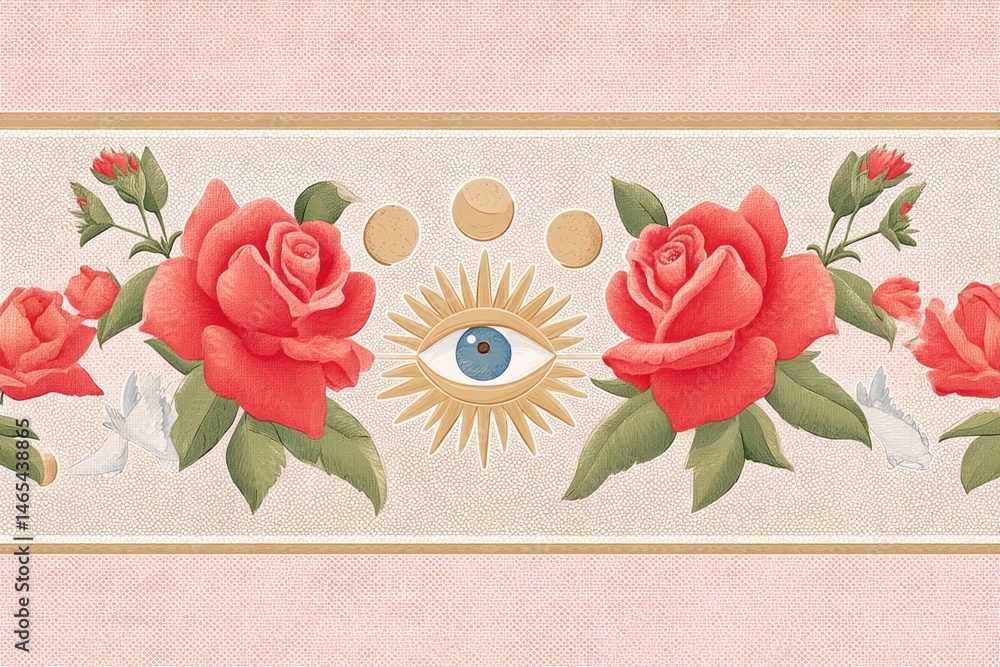 Third Eye Illustration Surrounded by Roses and Sunburst Design in a Decorative Pattern