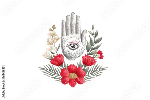 Obraz na płótnie Floral Crown With a Third Eye Featuring a Detailed Hand Design Surrounded by Vibrant Flowers and Greenery w salonie