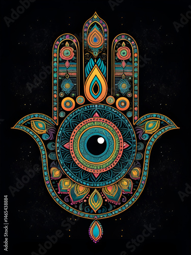 Grunge stylized colorful Hamsa on black background -  vector