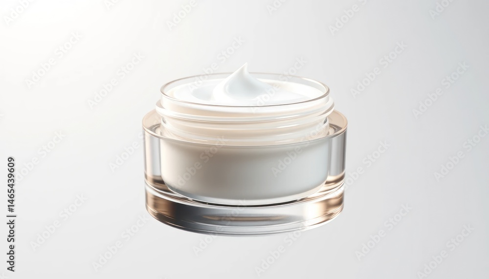 Elevated still life of a transparent jar filled with luxurious white skin cream against a bright studio backdrop Elevated still life of a transparent jar filled with luxurious white skin cream against a bright studio backdrop