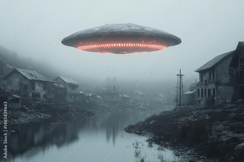 Alien UFO Floating Above a Deserted Village Alien UFO Floating Above a Deserted Village