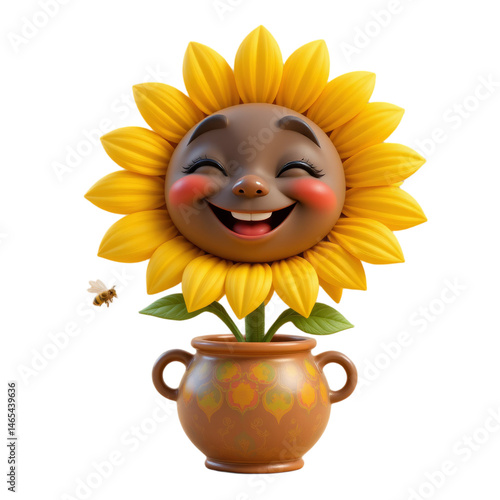 3D funny sunflower in a pot and a bee flying nearby, transparent background
