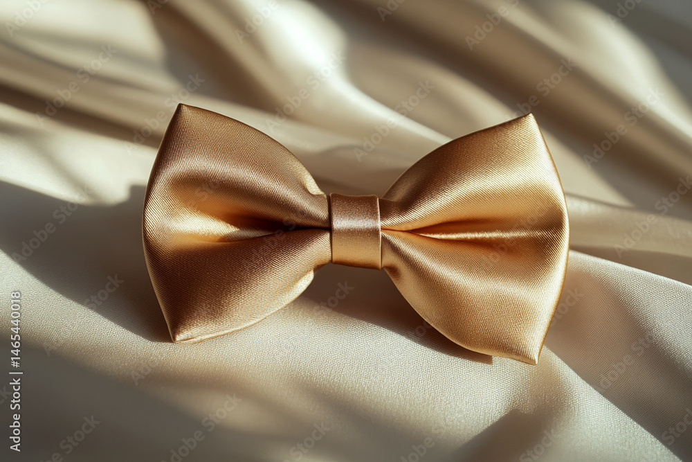 A golden bow tie resting on luxurious satin in soft lighting. Concept of elegance, fashion, and sophistication. For fashion or wedding materials.