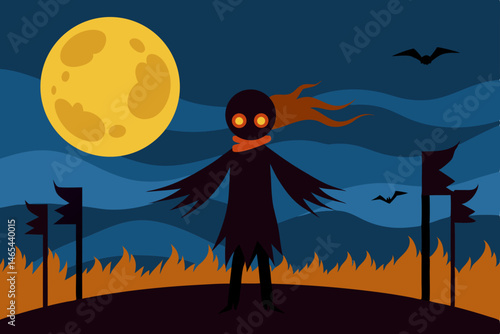 full moon rising behind scarecrow covered fields 