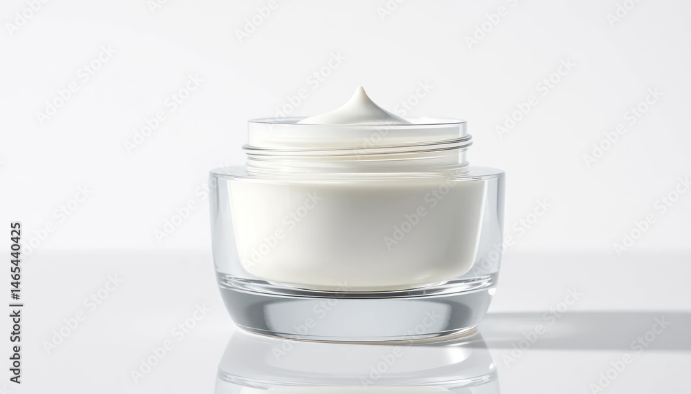 Elevated still life of a transparent jar filled with luxurious white skin cream against a bright studio backdrop Elevated still life of a transparent jar filled with luxurious white skin cream against a bright studio backdrop