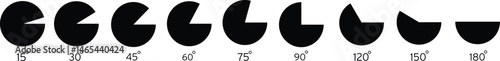 Angle icon 15, 30, 45, 60, 75, 90, 120, 150, 180 degree measures. Math geometric flat, linear elements. Trigonometry template. Degree of arc and pie chart isolated on transparent background EPS 10