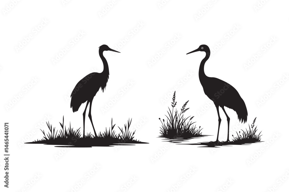 Fototapeta premium Heron Bird Silhouette in Marsh Grass Wildlife Vector Art Illustration
