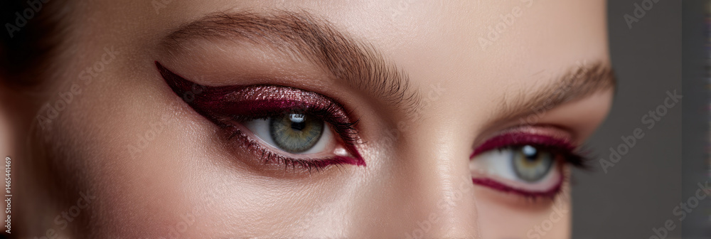Obraz premium Intricate crimson cat-eye makeup on a fair-skinned woman's gaze, evoking Lunar New Year allure and theatrical glam
