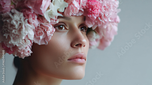 A pensive Caucasian woman adorned with a blooming headdress, capturing the essence of Hanami and Flora Day reverie