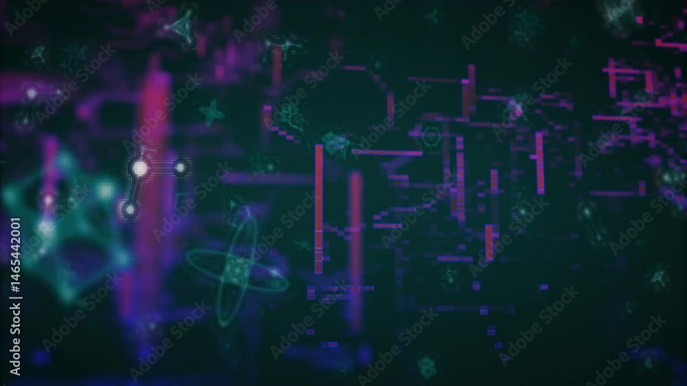 Cluster pulsing with neon cyan-magenta bars in 3D render, floating among glitch blocks and nodes