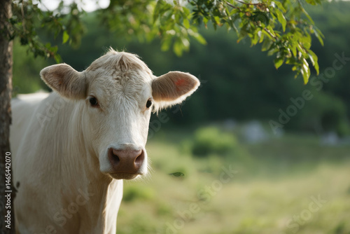 Serene cow amidst verdant meadow, embodying tranquility of summer solstice, eco-farming harmony, and rustic pastoral nostalgia