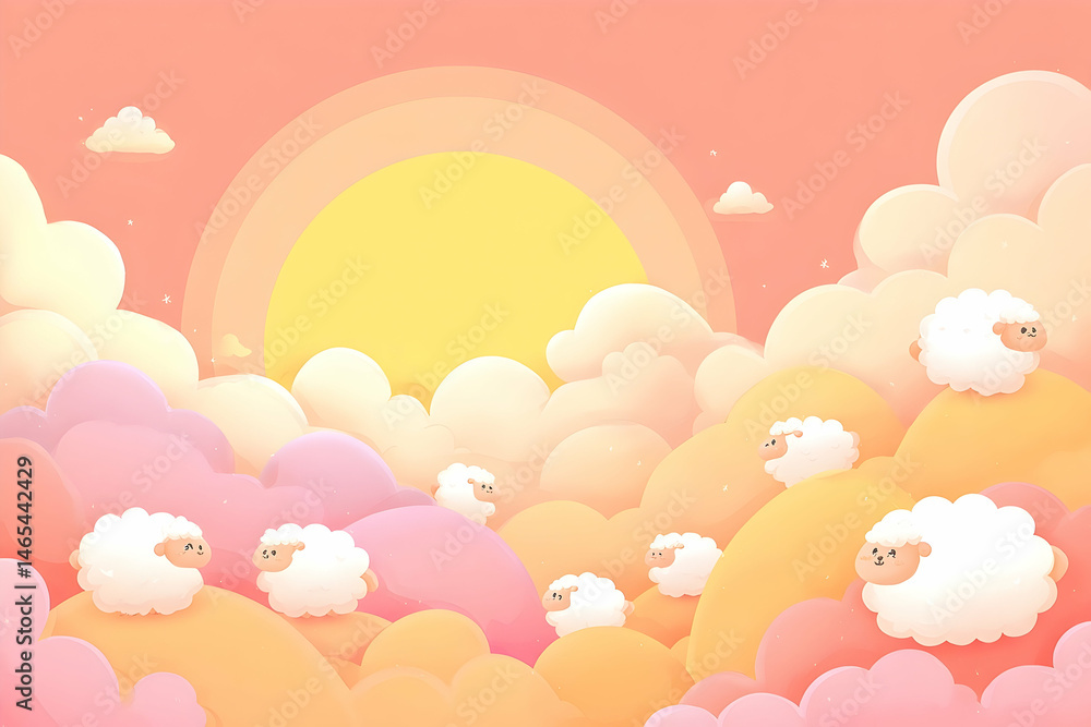 Pastel colored sheep resting on soft clouds at sunrise. Pastel colored sheep resting on soft clouds at sunrise.