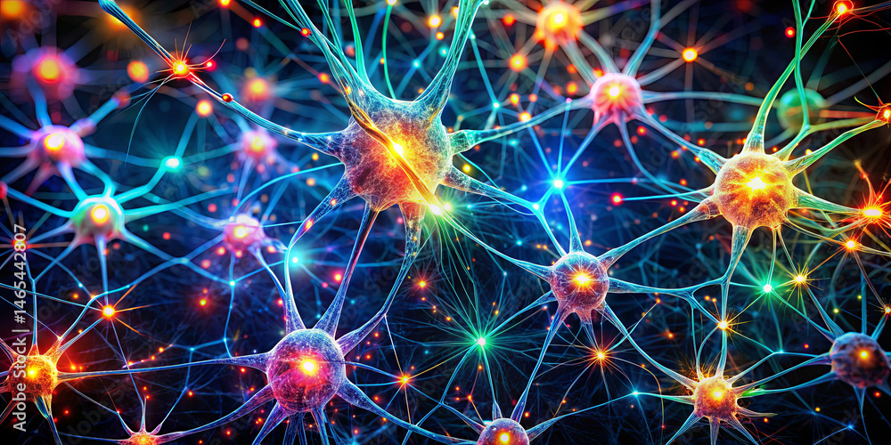 Fototapeta premium Complex network of neurons displays bright, colorful connections, representing synaptic activity in a detailed scientific illustration. The vibrant lights signify communication between cells