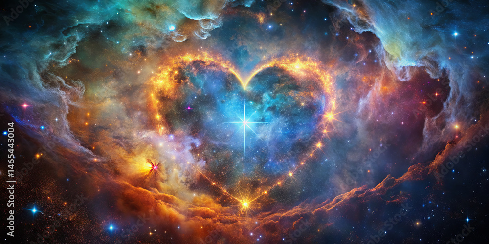An enchanting heart shape emerges in the cosmos, filled with vibrant colors and stars against a dark, expansive background. The celestial beauty captivates with swirling gases and light An enchanting heart shape emerges in the cosmos, filled with vibrant colors and stars against a dark, expansive background. The celestial beauty captivates with swirling gases and light