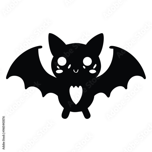 Cute cartoon bat with heart on chest spreads its wings widely in black
