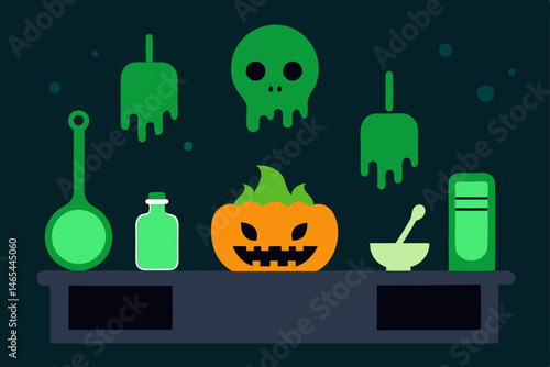 haunted kitchen with cursed cooking utensils  green