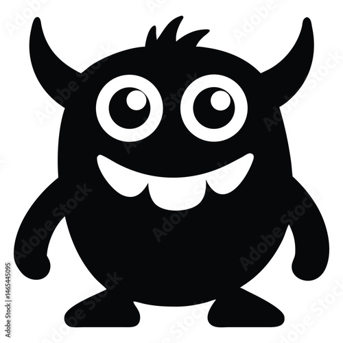 Cute cartoon monster with horns stands smiling showing its teeth happily