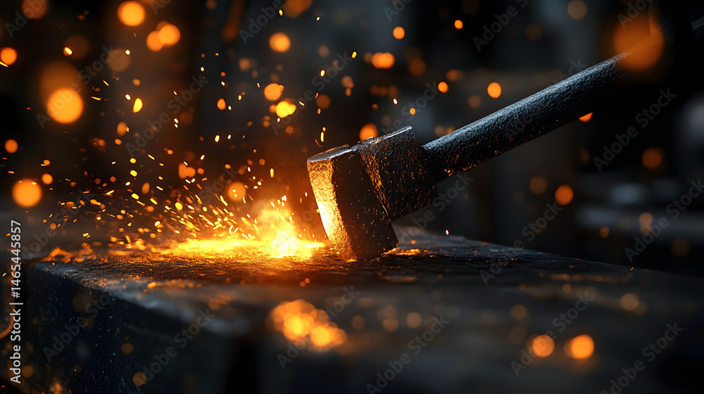 A blacksmith forges a glowing metal piece with sparks flying.