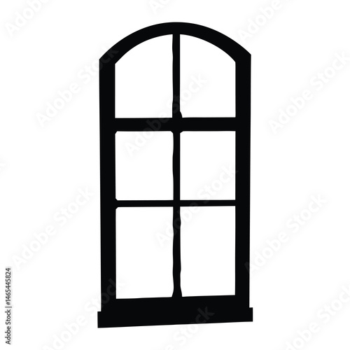 Black and white illustration of an arched window with four panes