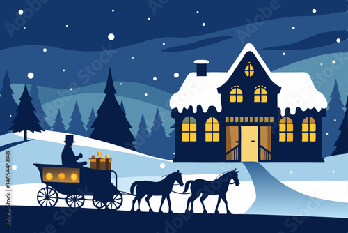 horse drawn sleigh arriving at a lantern lit 
