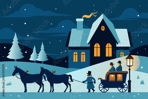 horse drawn sleigh arriving at a lantern lit 