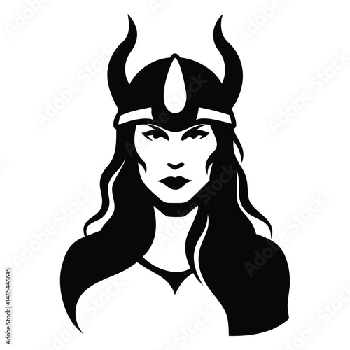 depicts fierce Valkyrie warrior wearing horned helmet and long hair, rendered in black