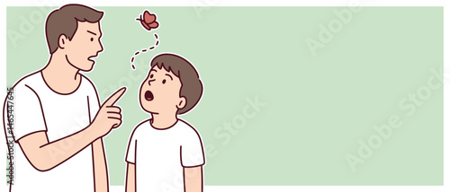 Banner illustration of father talking to ADHD child, who is distracted and unfocused, with empty space for text