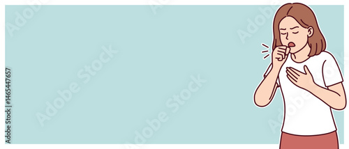 Banner with young woman coughing due to asthma attack, blue background with space for text