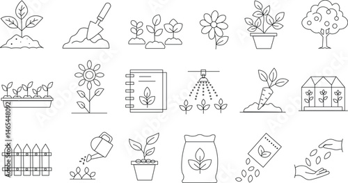 Gardening, Agriculture line icon set. food, watering can, greenhouse, seedling, sprout, farmer, pollination