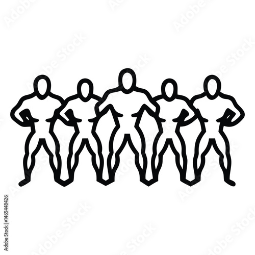 Five abstract black muscular figure line icons are positioned shoulder to shoulder together