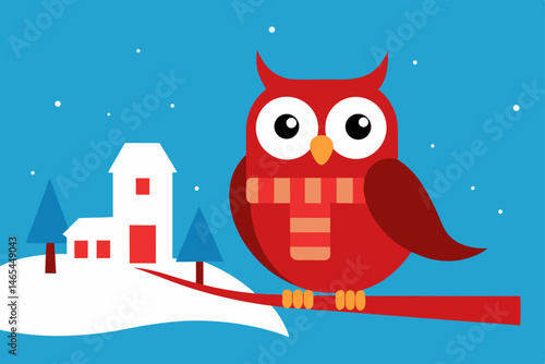 owl perched on a snowy branch with a red scarf  