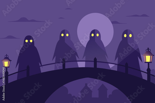 parade of ghosts crossing a foggy bridge at midnig 