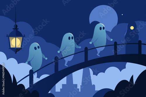 parade of ghosts crossing a foggy bridge at midnig.svg