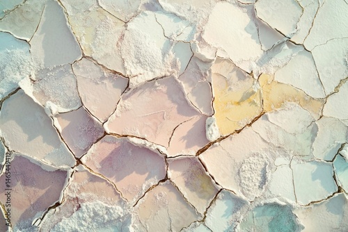 Cracked earth, pastel colors, salt crust, arid landscape, drought, dry land, textured surface.