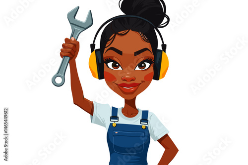 A woman standing in blue coveralls with safety earmuffs and holding a wrench