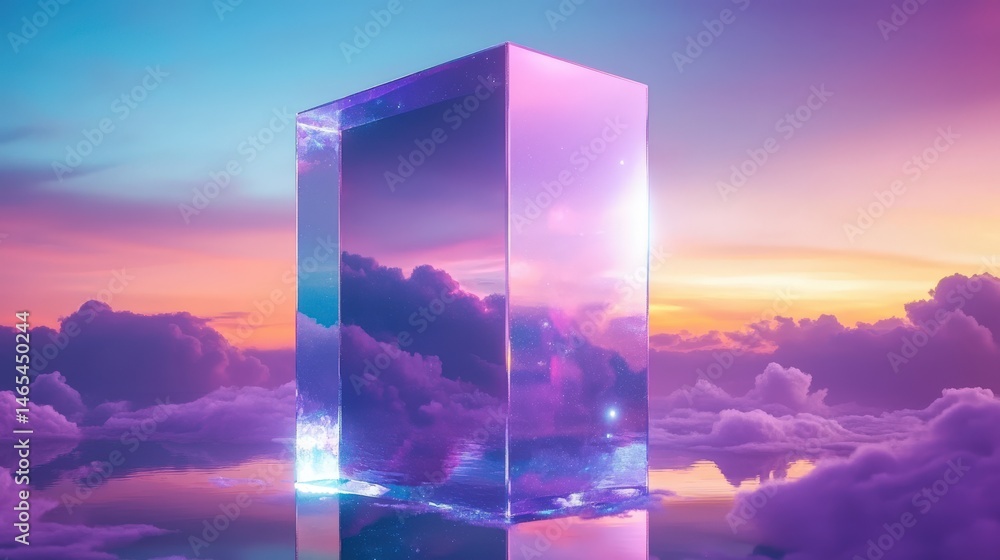 Reflective, prismatic structure amidst a vibrant cloud landscape. Reflective, prismatic structure amidst a vibrant cloud landscape.