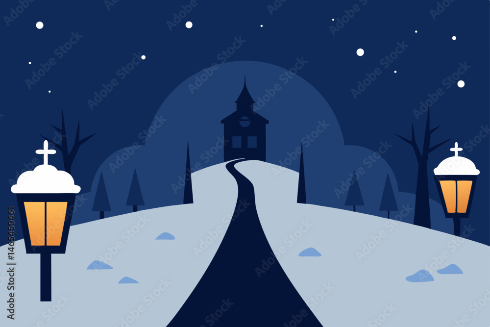 Fototapeta premium quiet chapel path with lanterns lighting the