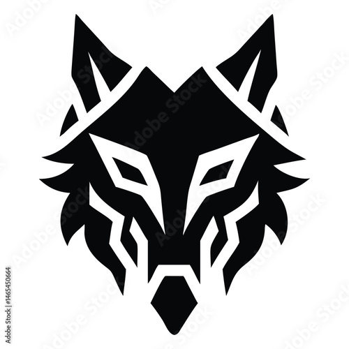 Geometric wolf head appears simplified with sharp lines and angular features