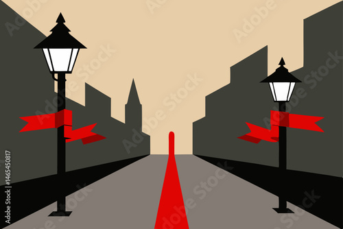 quiet village alleyway with historic lampposts 