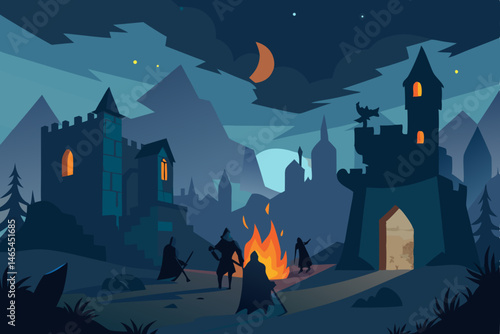 ruined medieval village at night  firelight flicke 