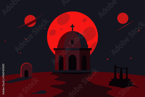 ruined observatory under a blood moon  surrounded 