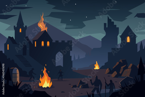 ruined medieval village at night  firelight flicke.svg