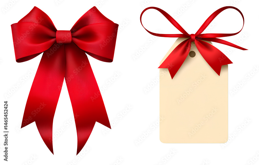 E-commerce advertising, a red ribbon with a bow and a gift tag on a white background, vector illustration, PNG format E-commerce advertising, a red ribbon with a bow and a gift tag on a white background, vector illustration, PNG format