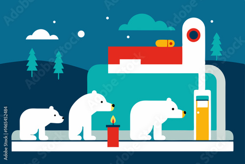 sleigh fuel station run by polar bears pumping 
